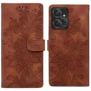 For Motorola Moto G Power 2023 Lace Floral Embossed Magnetic Buckle PU Phone Case With Wrist Strap(Brown)