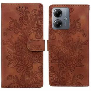 For Motorola Moto G14 Lace Floral Embossed Magnetic Buckle PU Phone Case With Wrist Strap(Brown)