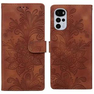 For Motorola Moto G22 Lace Floral Embossed Magnetic Buckle PU Phone Case With Wrist Strap(Brown)