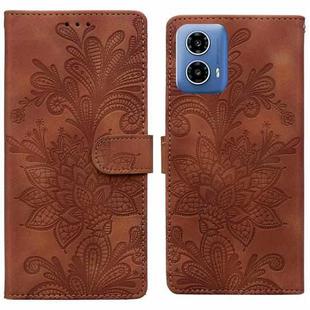 For Motorola Moto G24 Lace Floral Embossed Magnetic Buckle PU Phone Case With Wrist Strap(Brown)