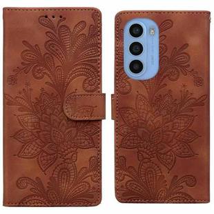 For Motorola Moto G31 Lace Floral Embossed Magnetic Buckle PU Phone Case With Wrist Strap(Brown)