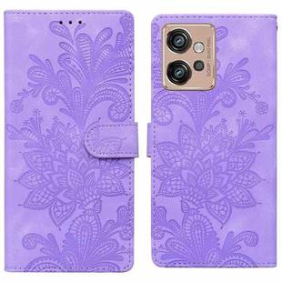 For Motorola Moto G32 Lace Floral Embossed Magnetic Buckle PU Phone Case With Wrist Strap(Purple)