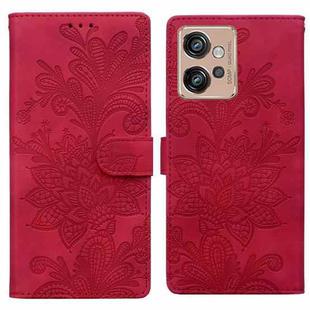 For Motorola Moto G32 Lace Floral Embossed Magnetic Buckle PU Phone Case With Wrist Strap(Red)