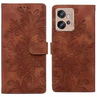 For Motorola Moto G32 Lace Floral Embossed Magnetic Buckle PU Phone Case With Wrist Strap(Brown)