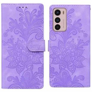 For Motorola Moto G42 Lace Floral Embossed Magnetic Buckle PU Phone Case With Wrist Strap(Purple)