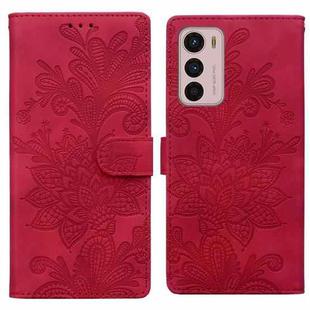 For Motorola Moto G42 Lace Floral Embossed Magnetic Buckle PU Phone Case With Wrist Strap(Red)