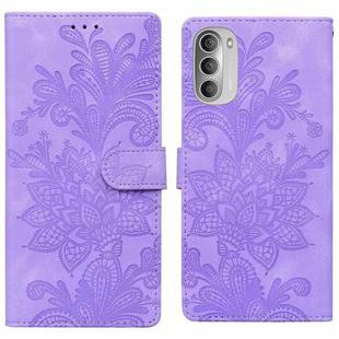 For Motorola Moto G51 5G Lace Floral Embossed Magnetic Buckle PU Phone Case With Wrist Strap(Purple)