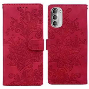 For Motorola Moto G51 5G Lace Floral Embossed Magnetic Buckle PU Phone Case With Wrist Strap(Red)