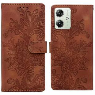 For Motorola Moto G54 / G64 Lace Floral Embossed Magnetic Buckle PU Phone Case With Wrist Strap(Brown)