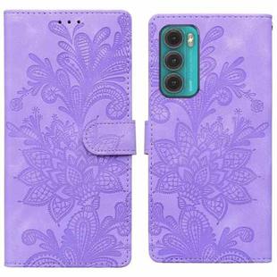 For Motorola Moto G60 Lace Floral Embossed Magnetic Buckle PU Phone Case With Wrist Strap(Purple)