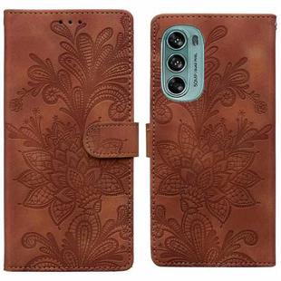 For Motorola Moto G62 5G Lace Floral Embossed Magnetic Buckle PU Phone Case With Wrist Strap(Brown)