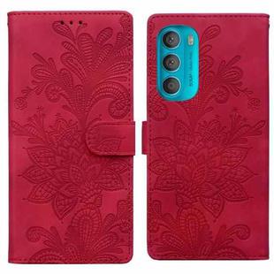 For Motorola Moto G71 5G Lace Floral Embossed Magnetic Buckle PU Phone Case With Wrist Strap(Red)