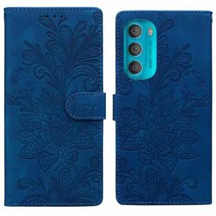 For Motorola Moto G71 5G Lace Floral Embossed Magnetic Buckle PU Phone Case With Wrist Strap(Blue)