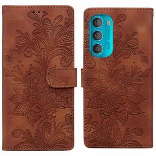 For Motorola Moto G71 5G Lace Floral Embossed Magnetic Buckle PU Phone Case With Wrist Strap(Brown)