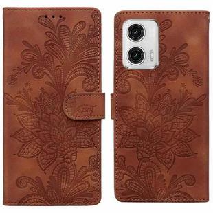 For Motorola Moto G73 Lace Floral Embossed Magnetic Buckle PU Phone Case With Wrist Strap(Brown)