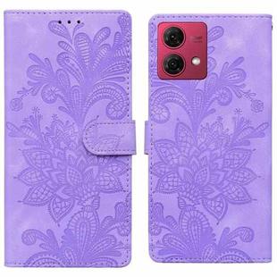 For Motorola Moto G84 Lace Floral Embossed Magnetic Buckle PU Phone Case With Wrist Strap(Purple)