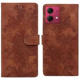 For Motorola Moto G84 Lace Floral Embossed Magnetic Buckle PU Phone Case With Wrist Strap(Brown)