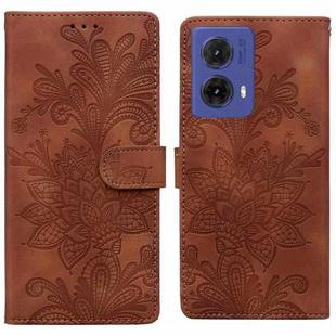 For Motorola Moto G85 Lace Floral Embossed Magnetic Buckle PU Phone Case With Wrist Strap(Brown)