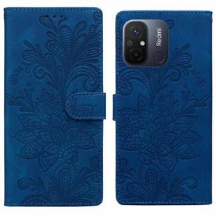 For Redmi 11A / 12C Lace Floral Embossed Magnetic Buckle PU Phone Case With Wrist Strap(Blue)