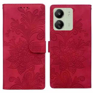 For Redmi 13C Lace Floral Embossed Magnetic Buckle PU Phone Case With Wrist Strap(Red)