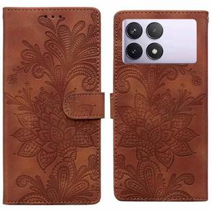 For Redmi K70E / Poco X6 Pro Lace Floral Embossed Magnetic Buckle PU Phone Case With Wrist Strap(Brown)