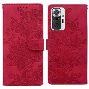 For Redmi Note 10 Pro 4G Lace Floral Embossed Magnetic Buckle PU Phone Case With Wrist Strap(Red)