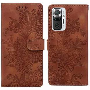 For Redmi Note 10 Pro 4G Lace Floral Embossed Magnetic Buckle PU Phone Case With Wrist Strap(Brown)