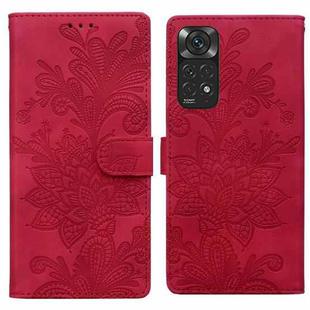 For Redmi Note 11 Global Lace Floral Embossed Magnetic Buckle PU Phone Case With Wrist Strap(Red)