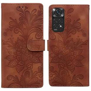 For Redmi Note 11 Global Lace Floral Embossed Magnetic Buckle PU Phone Case With Wrist Strap(Brown)