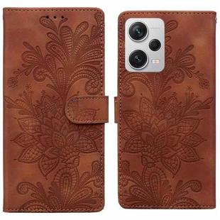 For Redmi Note 12 Pro+ 5G Global Lace Floral Embossed Magnetic Buckle PU Phone Case With Wrist Strap(Brown)