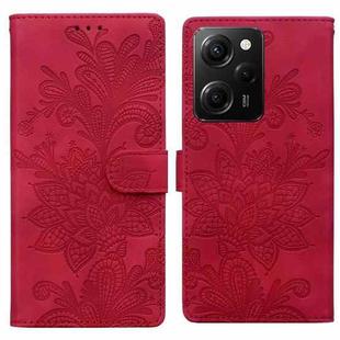 For Redmi Note 12 Pro 5G Global Lace Floral Embossed Magnetic Buckle PU Phone Case With Wrist Strap(Red)