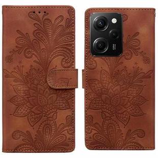 For Redmi Note 12 Pro 5G Global Lace Floral Embossed Magnetic Buckle PU Phone Case With Wrist Strap(Brown)