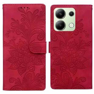 For Redmi Note 13 4G Lace Floral Embossed Magnetic Buckle PU Phone Case With Wrist Strap(Red)