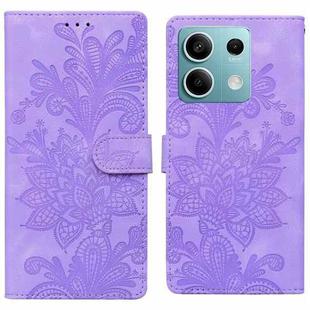 For Redmi Note 13 5G Lace Floral Embossed Magnetic Buckle PU Phone Case With Wrist Strap(Purple)