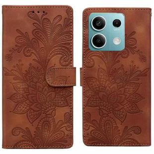 For Redmi Note 13 5G Lace Floral Embossed Magnetic Buckle PU Phone Case With Wrist Strap(Brown)