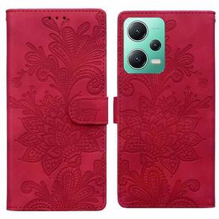 For Redmi Note 12 5G Global Lace Floral Embossed Magnetic Buckle PU Phone Case With Wrist Strap(Red)