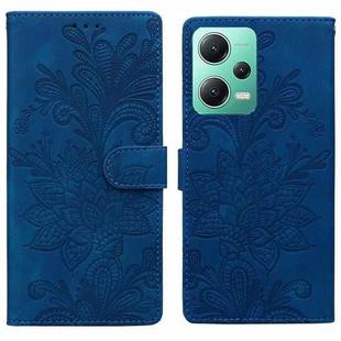 For Redmi Note 12 5G Global Lace Floral Embossed Magnetic Buckle PU Phone Case With Wrist Strap(Blue)