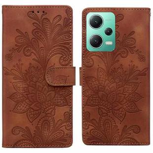 For Redmi Note 12 5G Global Lace Floral Embossed Magnetic Buckle PU Phone Case With Wrist Strap(Brown)