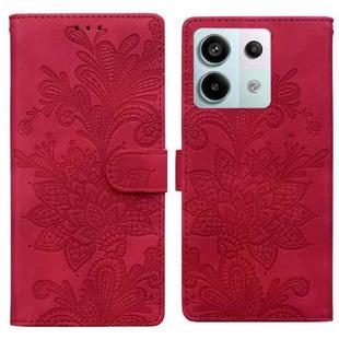 For Redmi Note 13 Pro 5G Lace Floral Embossed Magnetic Buckle PU Phone Case With Wrist Strap(Red)