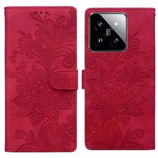 For Xiaomi 14 Lace Floral Embossed Magnetic Buckle PU Phone Case With Wrist Strap(Red)