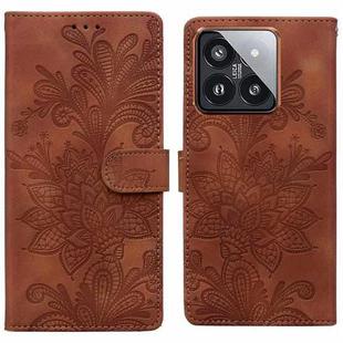For Xiaomi 14 Pro Lace Floral Embossed Magnetic Buckle PU Phone Case With Wrist Strap(Brown)