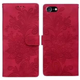 For iPhone 6 Plus / 7 Plus / 8 Plus Lace Floral Embossed Magnetic Buckle PU Phone Case With Wrist Strap(Red)