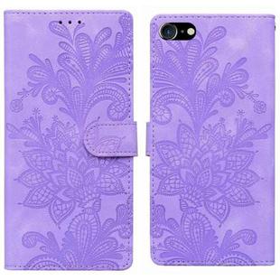 For iPhone 6 / 7 / SE 2022 Lace Floral Embossed Magnetic Buckle PU Phone Case With Wrist Strap(Purple)