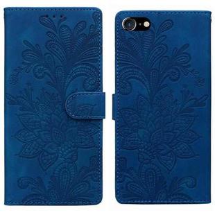 For iPhone 6 / 7 / SE 2022 Lace Floral Embossed Magnetic Buckle PU Phone Case With Wrist Strap(Blue)