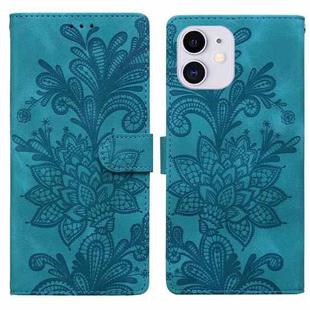 For iPhone 11 Lace Floral Embossed Magnetic Buckle PU Phone Case With Wrist Strap(Green)