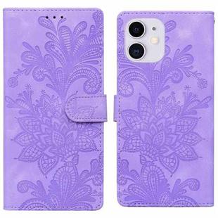 For iPhone 11 Lace Floral Embossed Magnetic Buckle PU Phone Case With Wrist Strap(Purple)