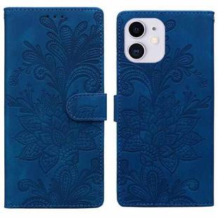 For iPhone 11 Lace Floral Embossed Magnetic Buckle PU Phone Case With Wrist Strap(Blue)