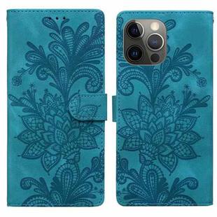 For iPhone 11 Pro Lace Floral Embossed Magnetic Buckle PU Phone Case With Wrist Strap(Green)