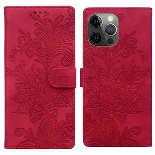 For iPhone 11 Pro Lace Floral Embossed Magnetic Buckle PU Phone Case With Wrist Strap(Red)