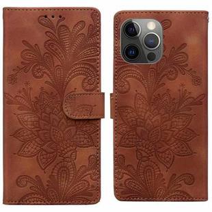 For iPhone 11 Pro Lace Floral Embossed Magnetic Buckle PU Phone Case With Wrist Strap(Brown)